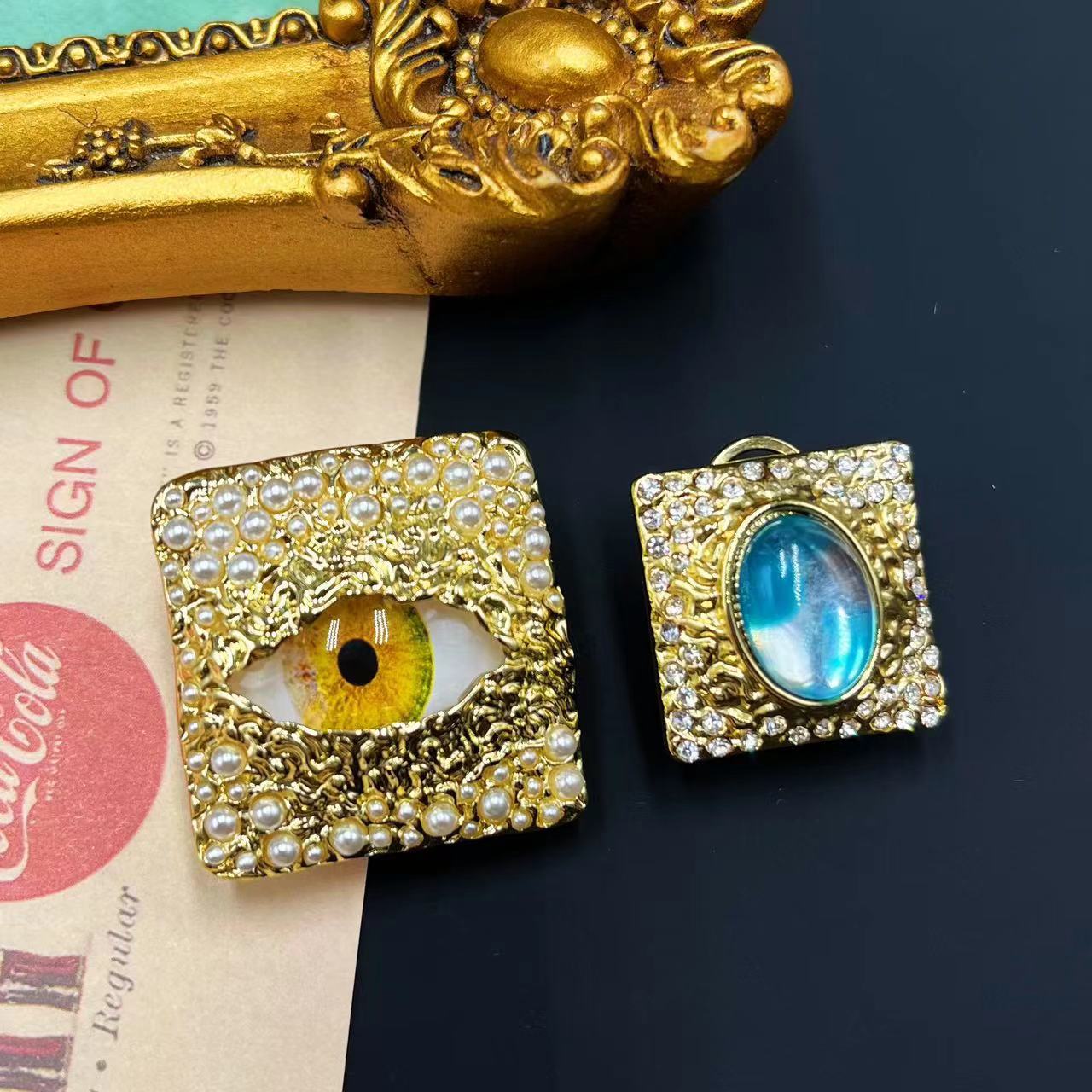 Golden Eye Mismatched Square Earrings