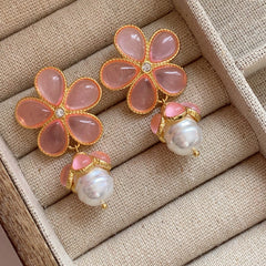 Glass Flower Pearl Earrings