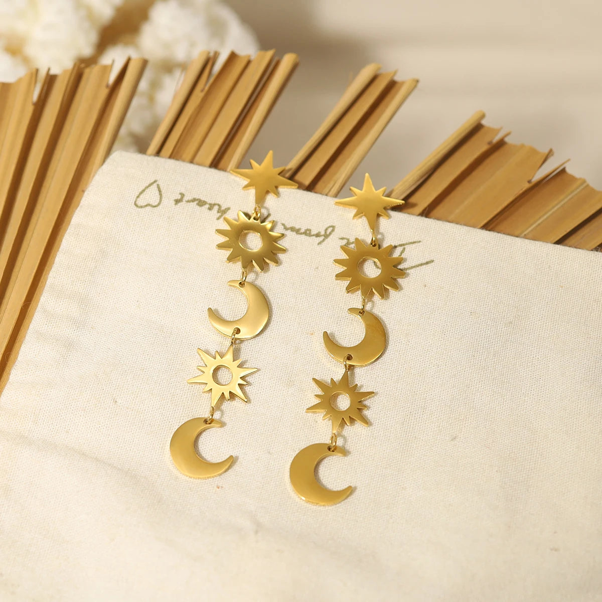 Long Drop Star Moon Charms Stainless Earrings