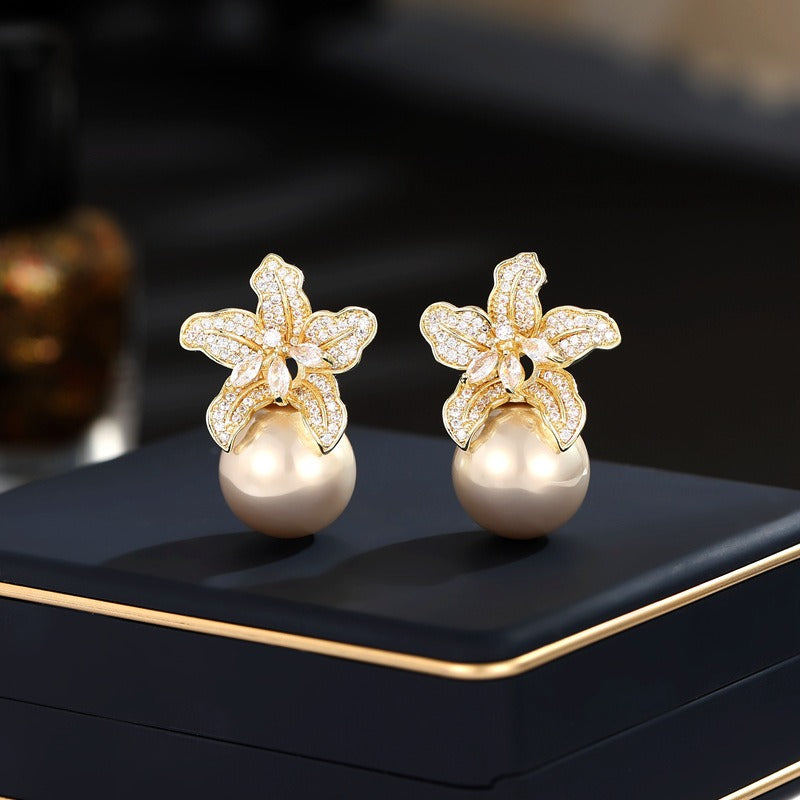 Retro Lily Flower Pearl Earrings