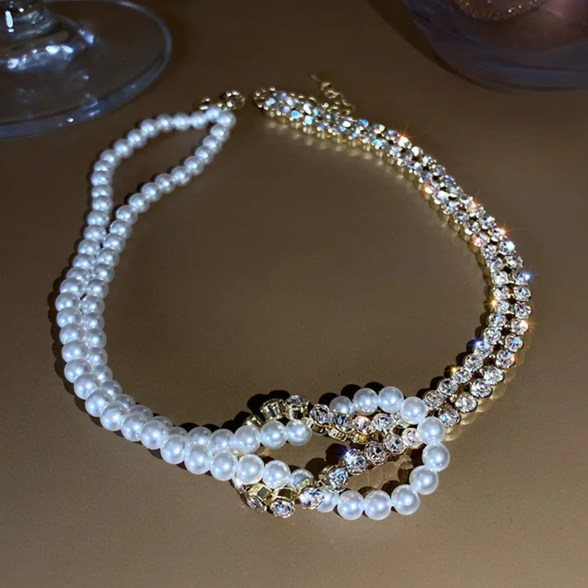 Pearl Short Chain Rhinestone Choker Necklace