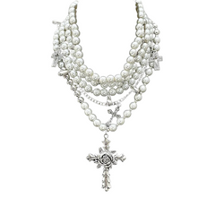 Rose Cross Faux Pearls Necklace