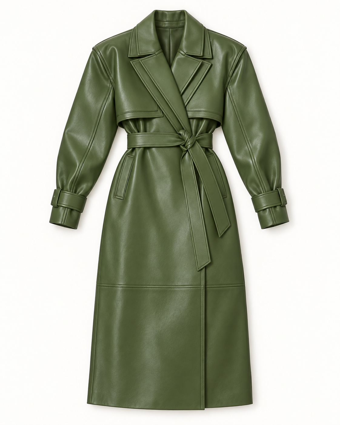 Faux Leather Dual Collar Trench Coat