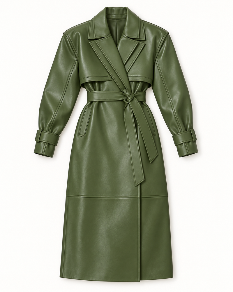 Faux Leather Dual Collar Trench Coat