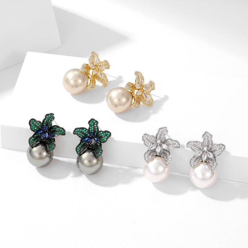 Retro Lily Flower Pearl Earrings