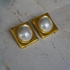 Retro Gold-Plated Pearl Square Large Earrings