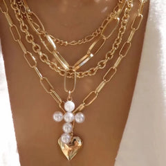 Multilayer Chain Cross Heart Necklace