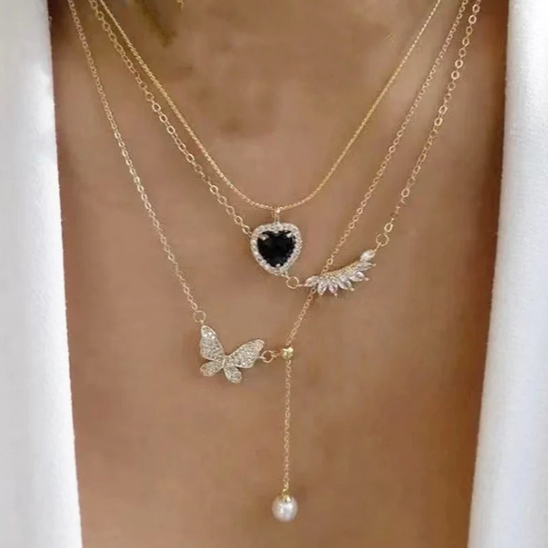 Multilayer Chain Cross Heart Necklace