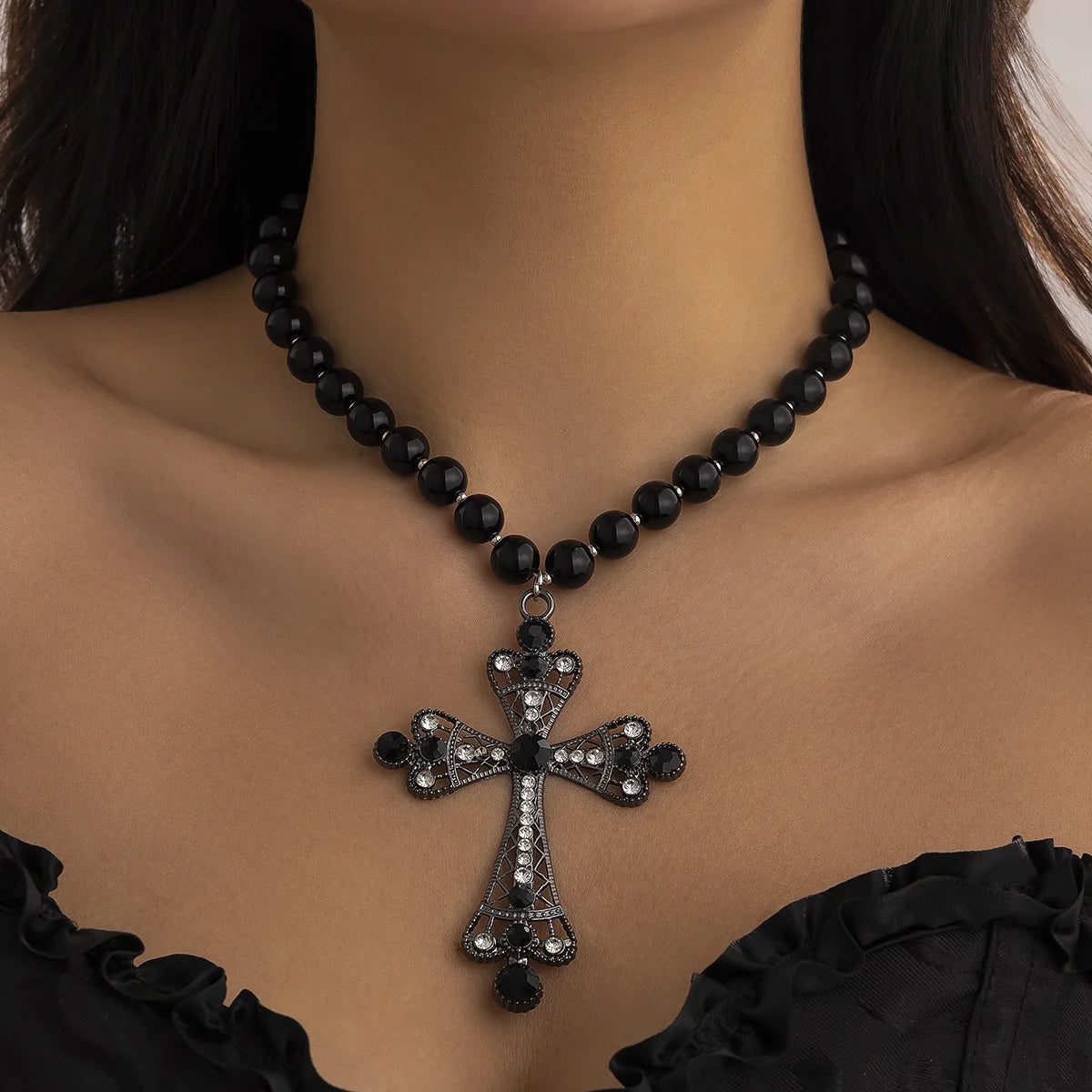 Imitation Pearl Cross Necklace