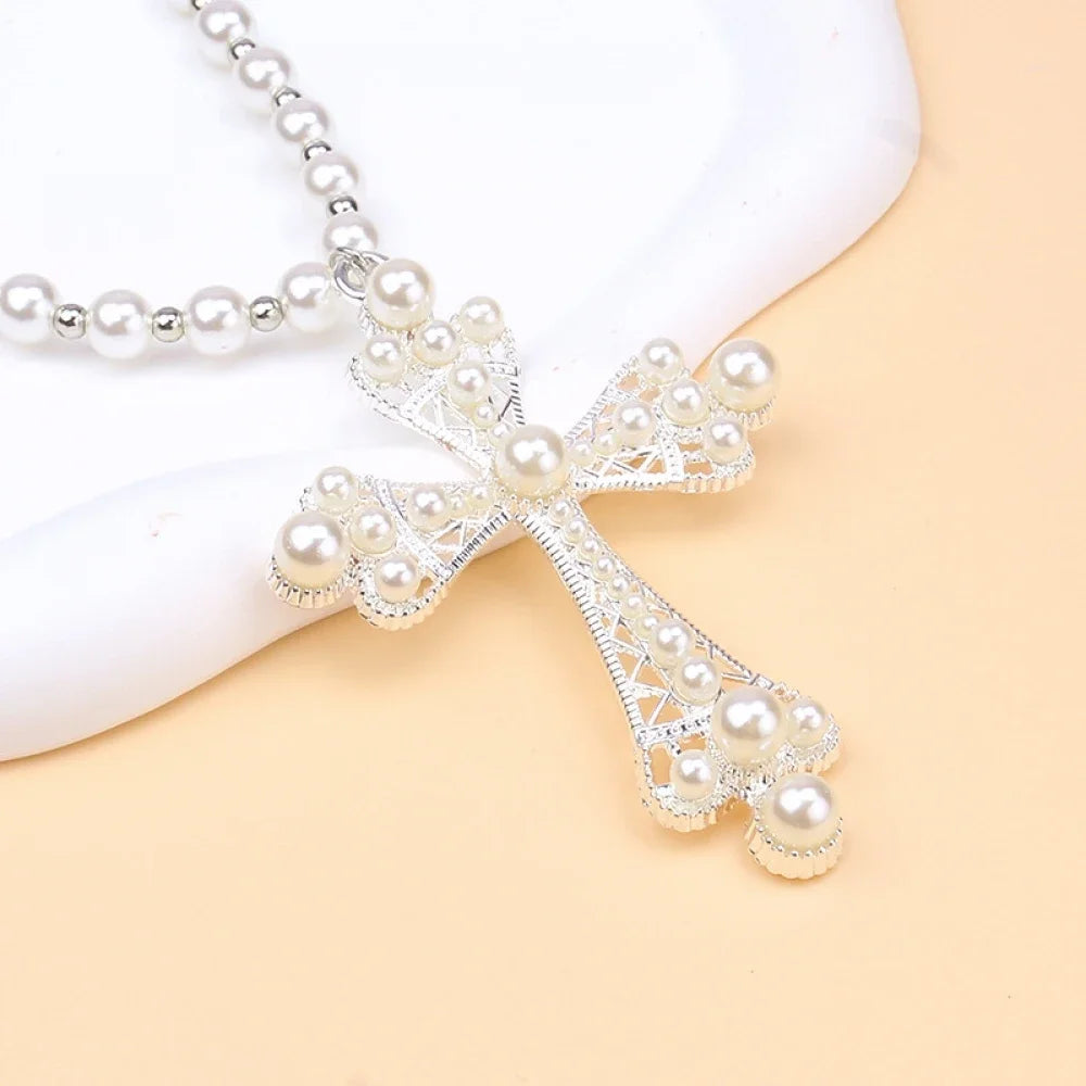 Imitation Pearl Cross Necklace