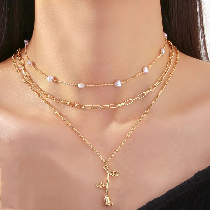 Multilayer Chain Cross Heart Necklace