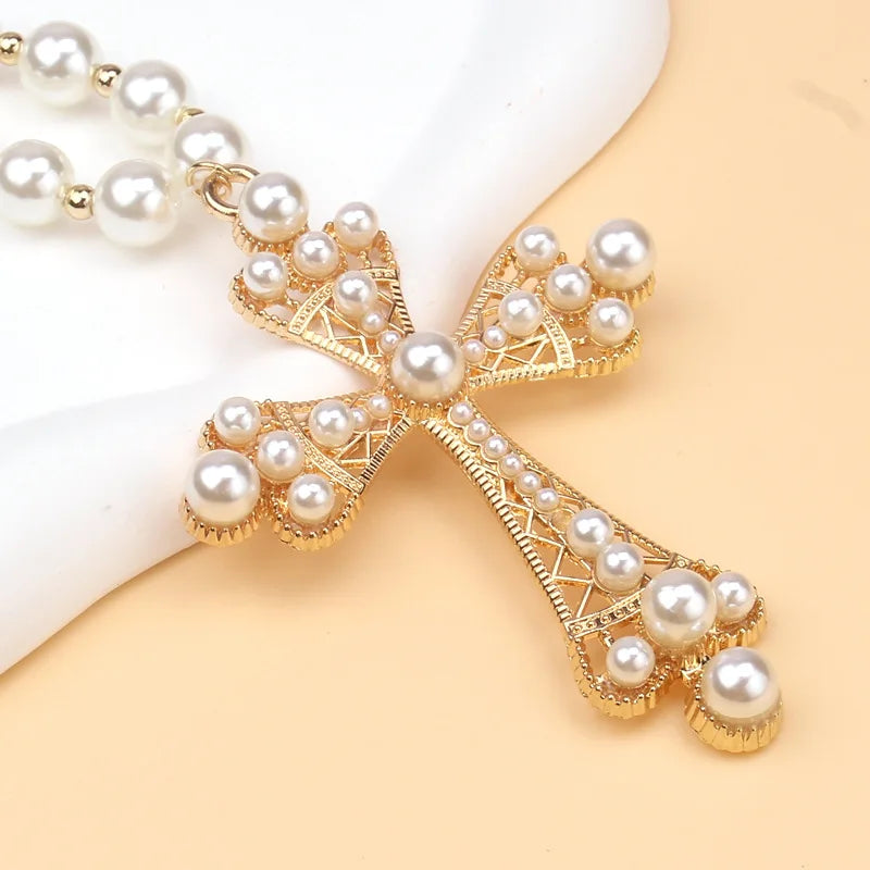 Imitation Pearl Cross Necklace