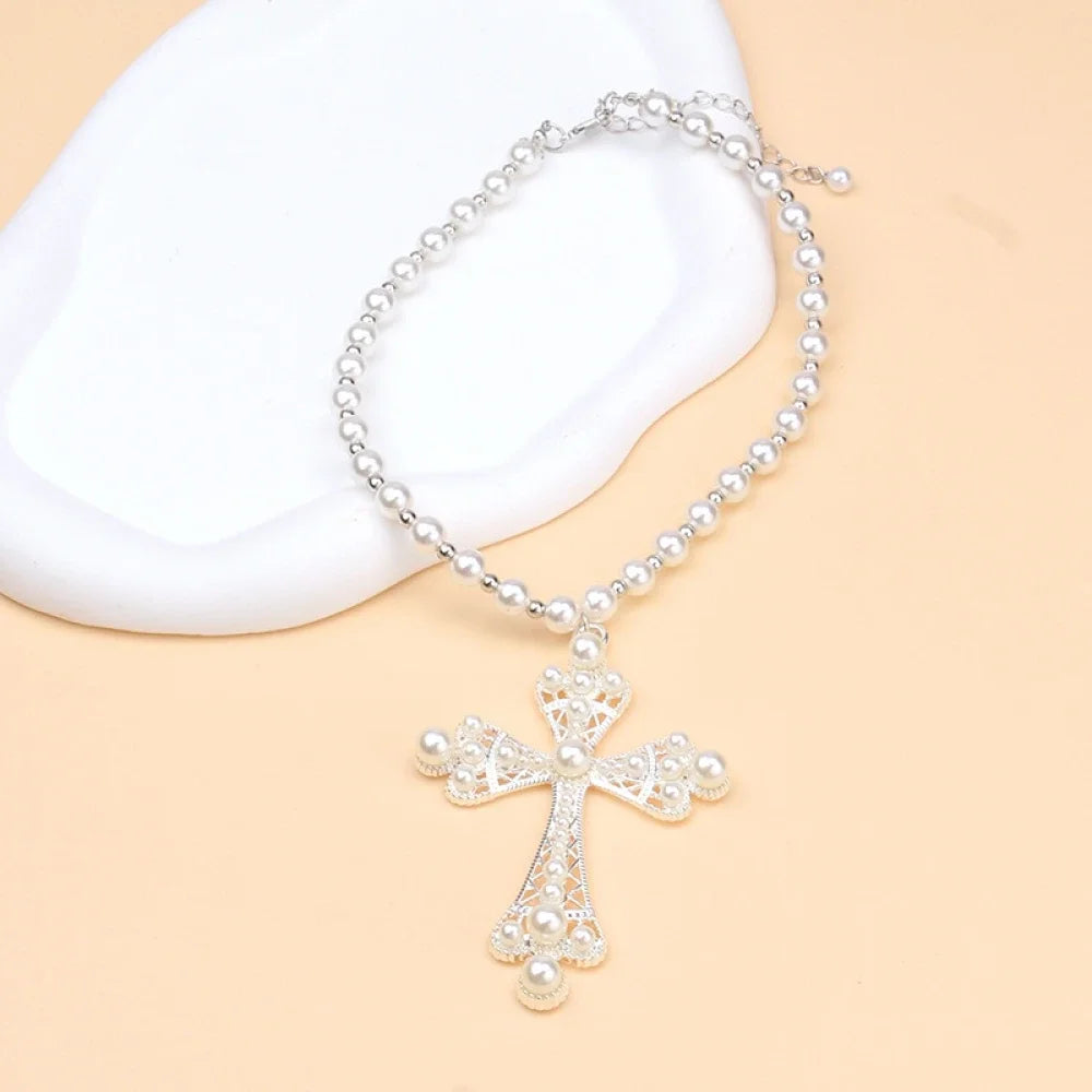 Imitation Pearl Cross Necklace