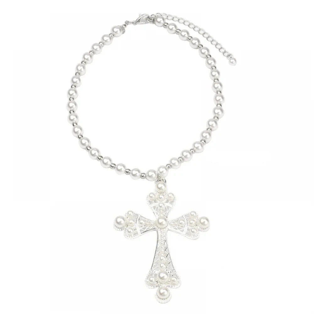 Imitation Pearl Cross Necklace