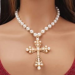 Imitation Pearl Cross Necklace