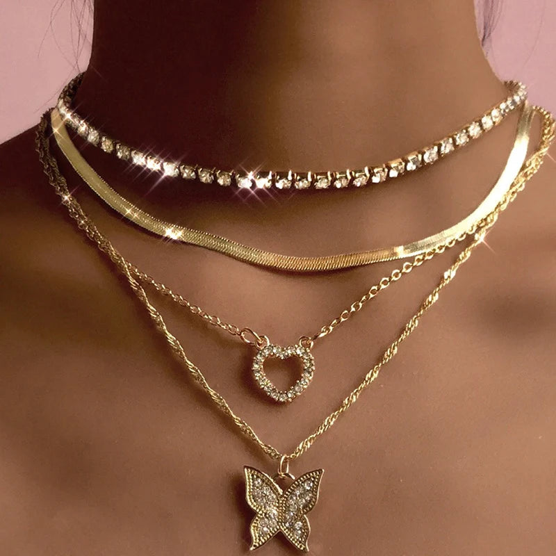 Multilayer Chain Cross Heart Necklace