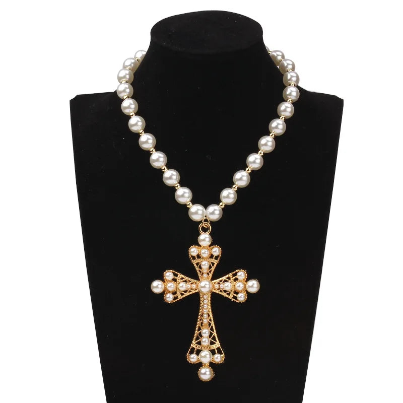 Imitation Pearl Cross Necklace