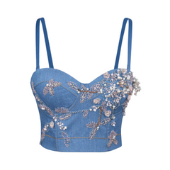 Floral Denim Beaded Corset Top - Final Sale