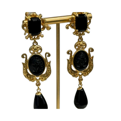 Vintage Black Agate Prince Head Dangle Earrings