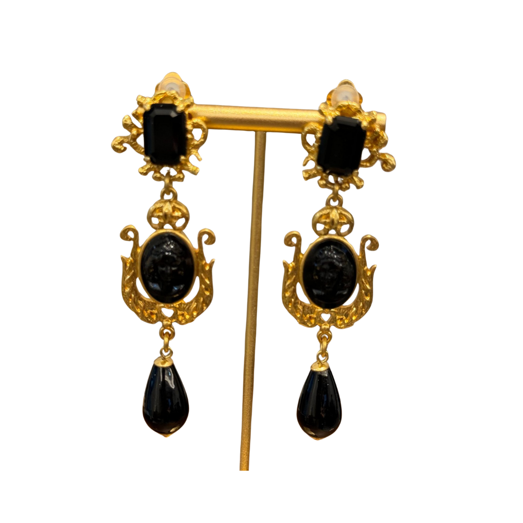 Vintage Black Agate Prince Head Dangle Earrings