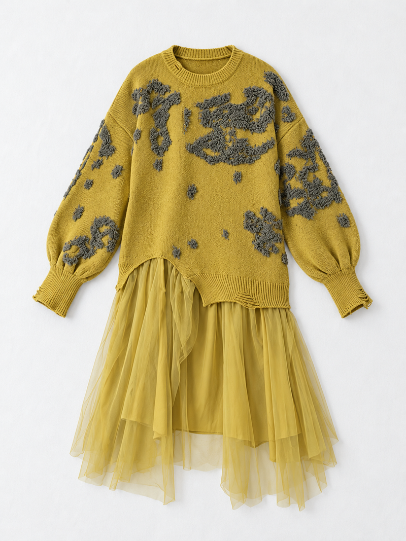Patterned Knit Mesh-Hem Dress