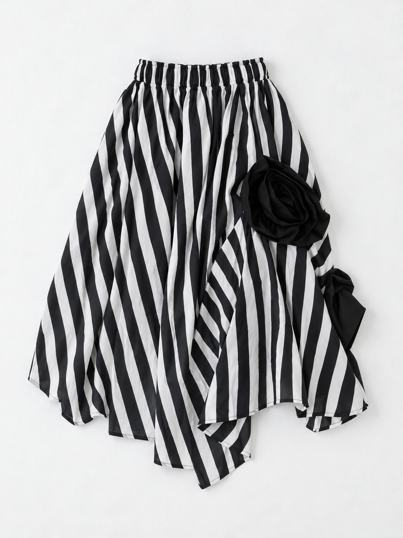Stripe Rosette Midi Skirt