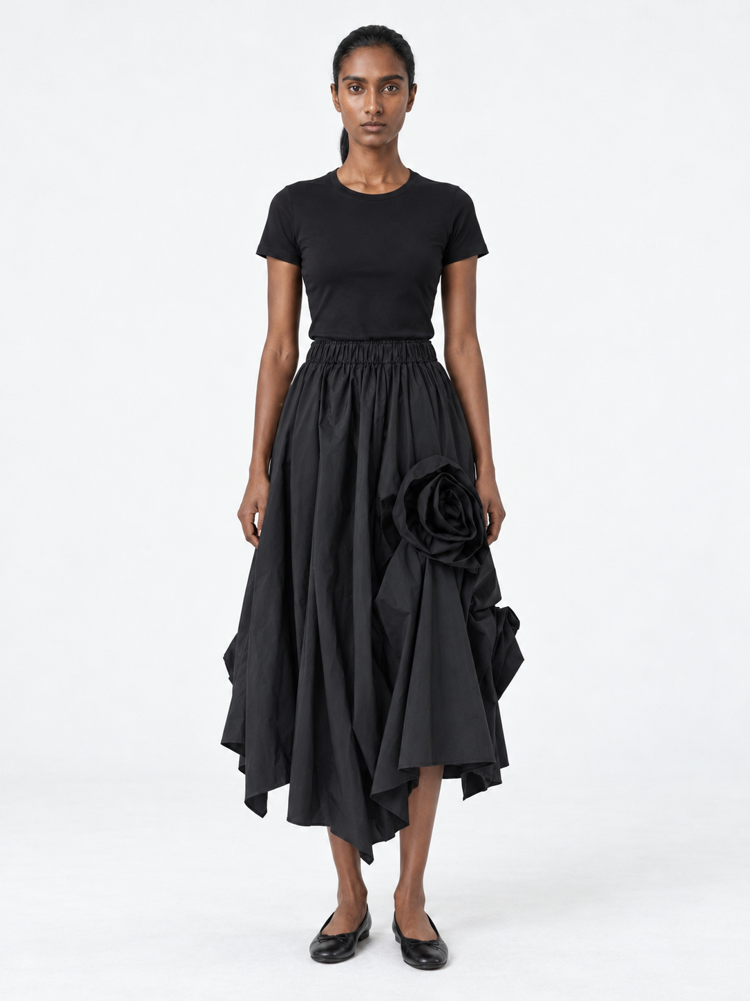 Stripe Rosette Midi Skirt