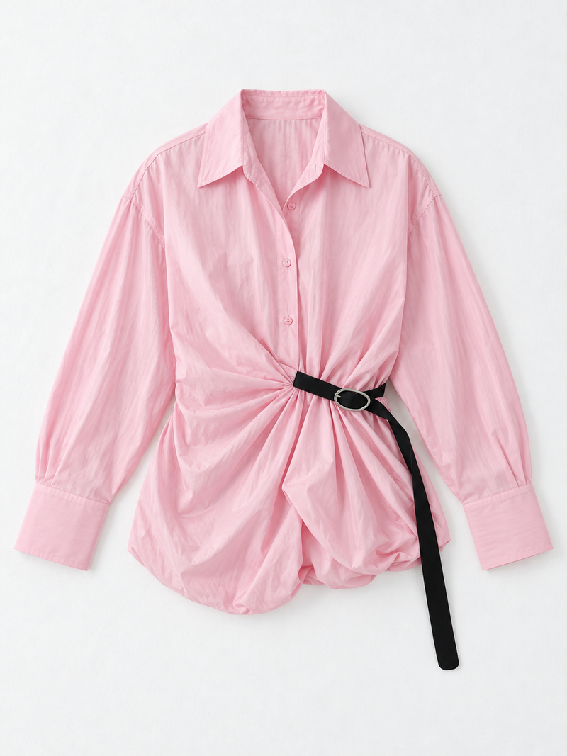 Belted Balloon-Hem Shirt