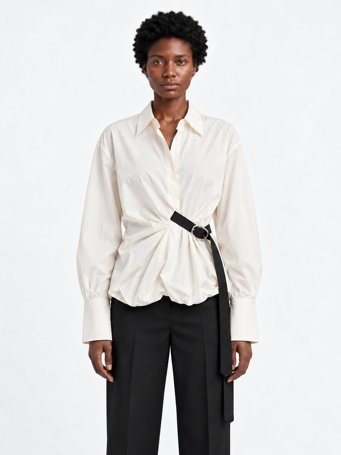 Belted Balloon-Hem Shirt