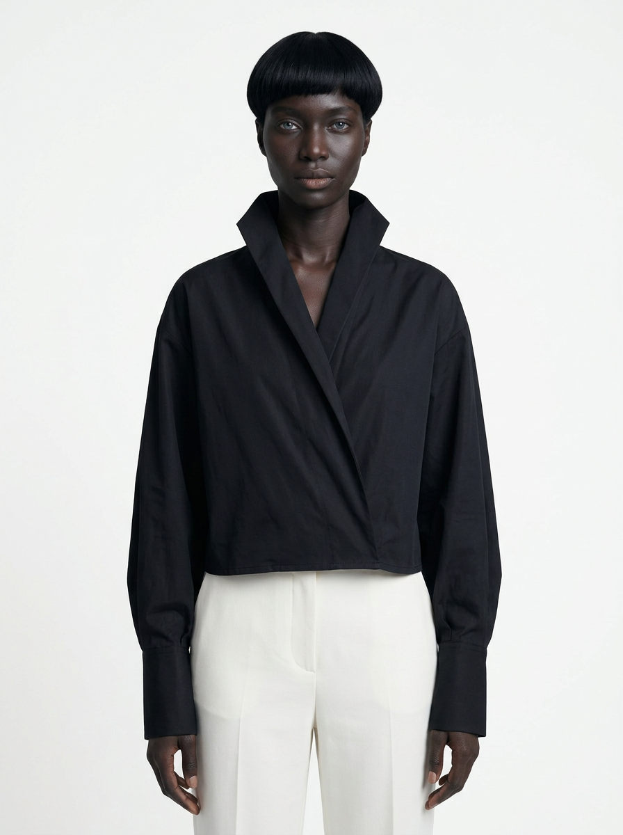 High-Collar Wrap-Front Blouse