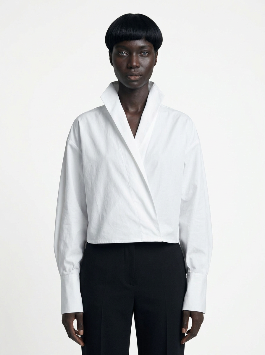 High-Collar Wrap-Front Blouse