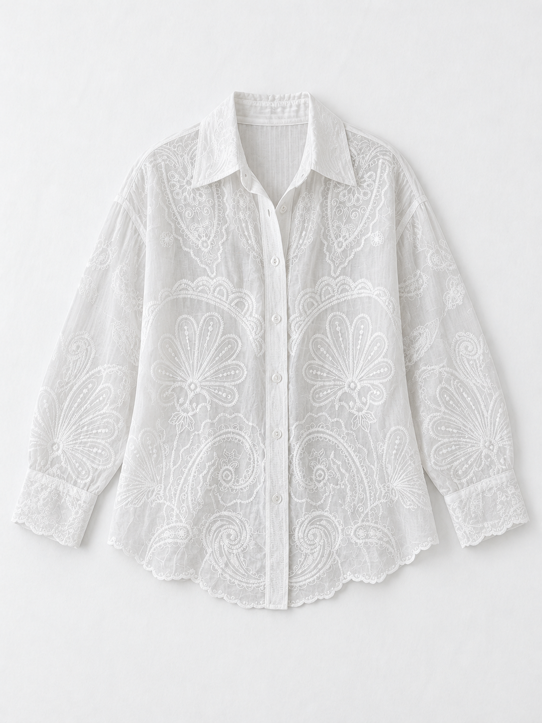 Embroidered Scallop-Hem Shirt