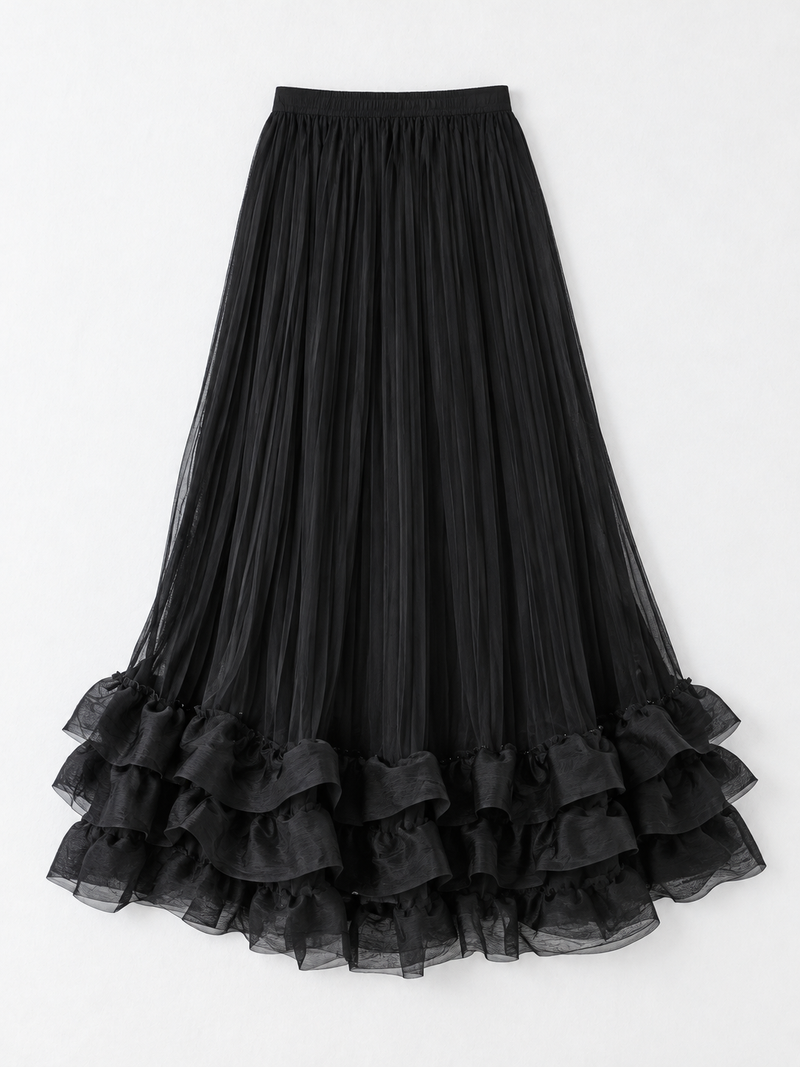 Pleated Ruffle-Hem Maxi Skirt
