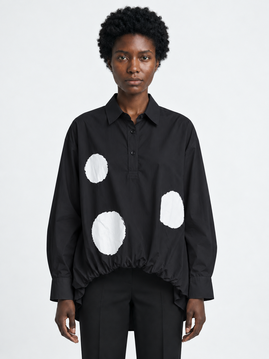 Large-Dot Ruffle-Hem Shirt
