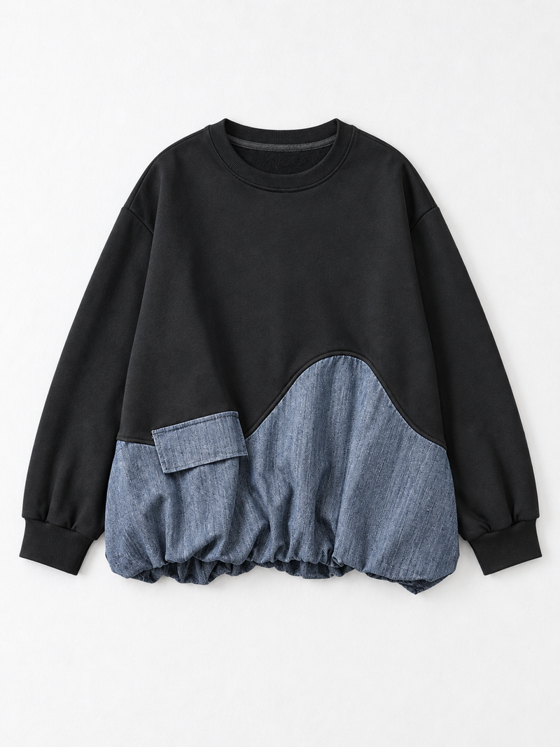 Pocket Denim-Hem Sweatshirt
