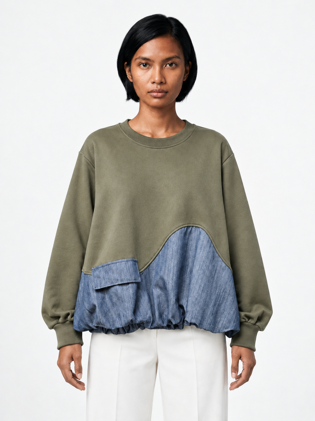 Pocket Denim-Hem Sweatshirt