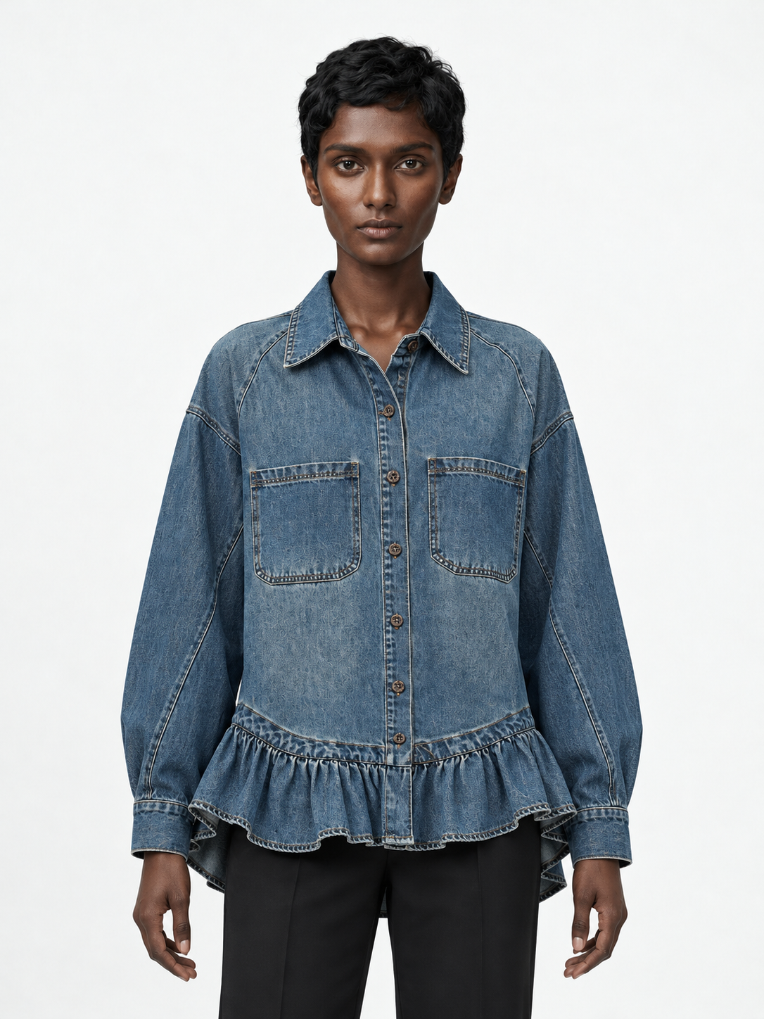 Ruffle-Hem Denim Shirt Jacket