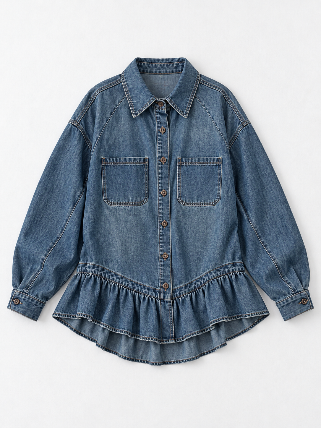 Ruffle-Hem Denim Shirt Jacket