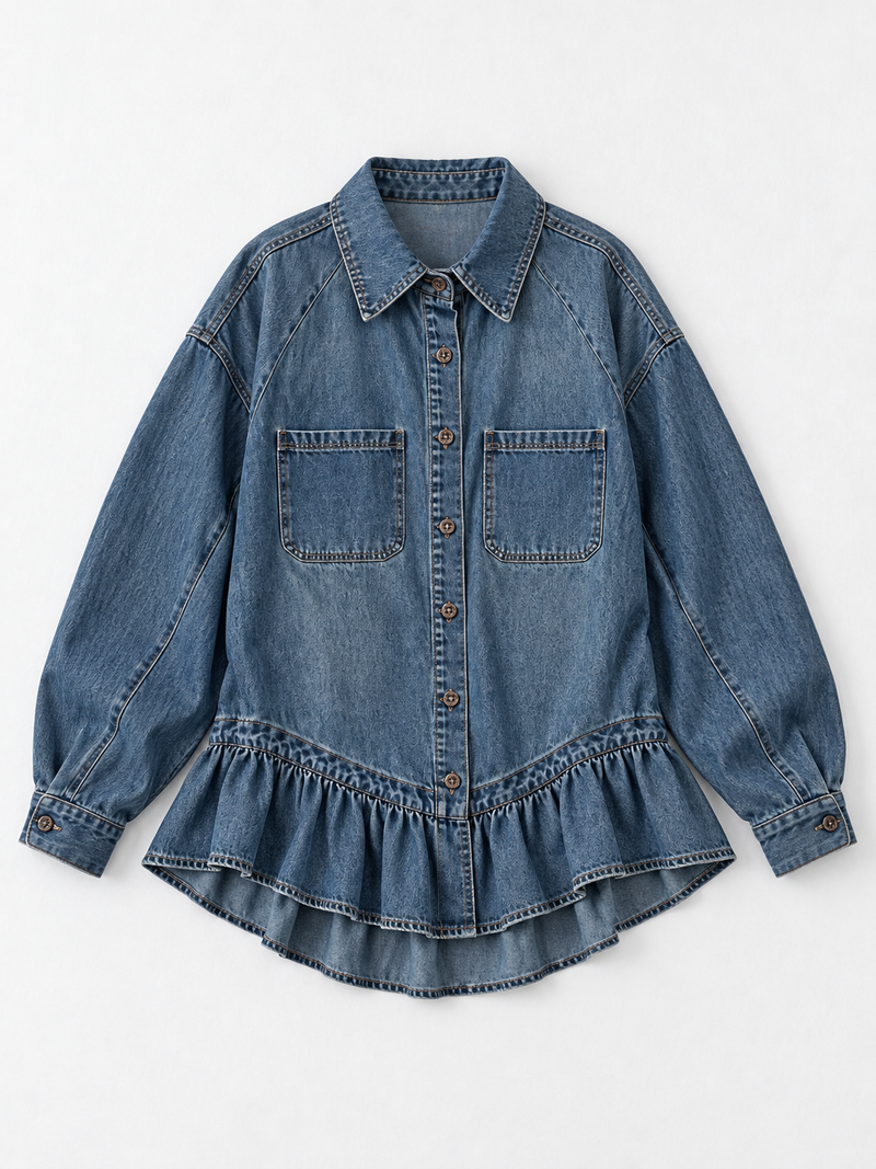 Ruffle-Hem Denim Shirt Jacket