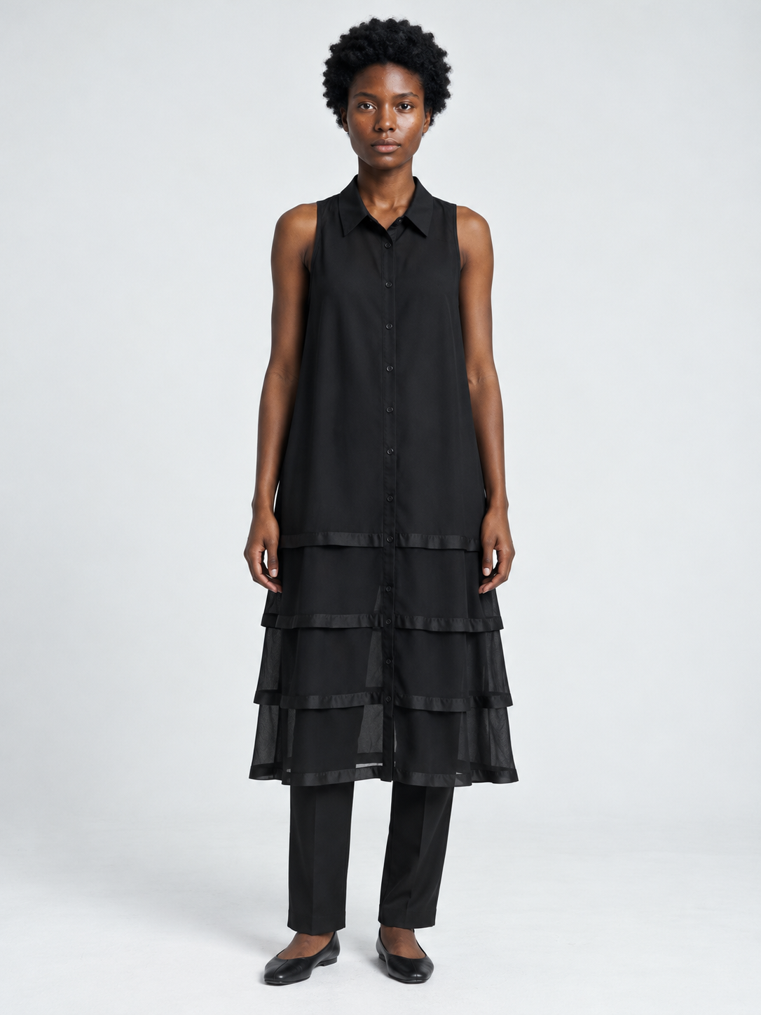 Tiered Mesh Sleeveless Shirt Dress