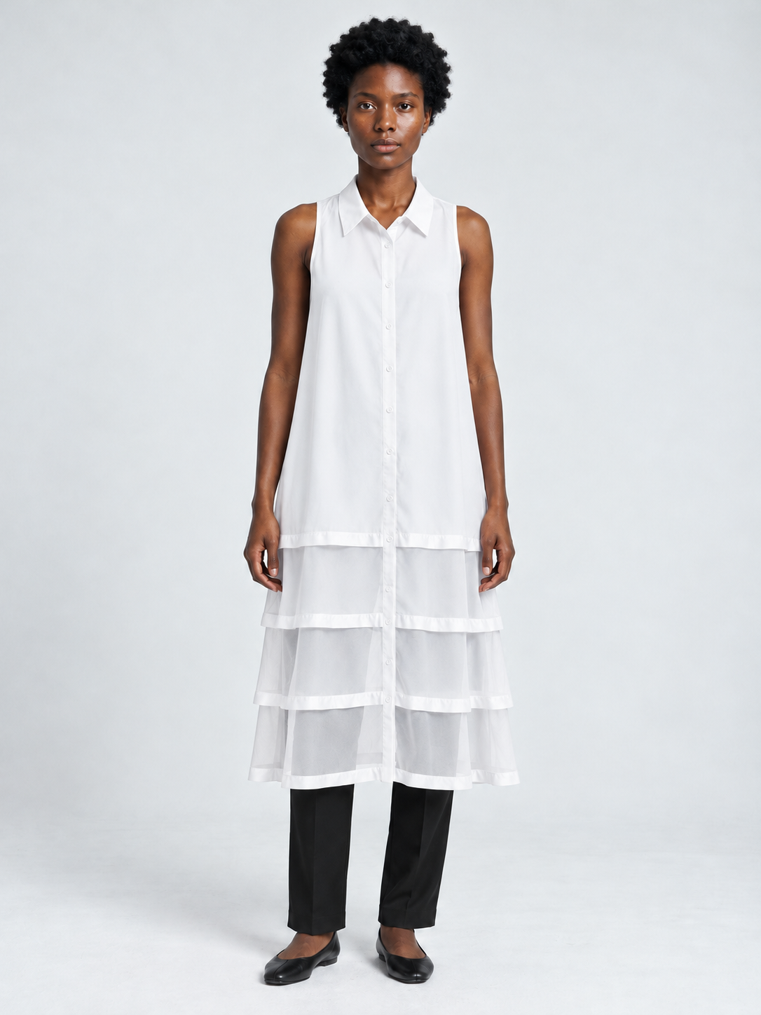 Tiered Mesh Sleeveless Shirt Dress
