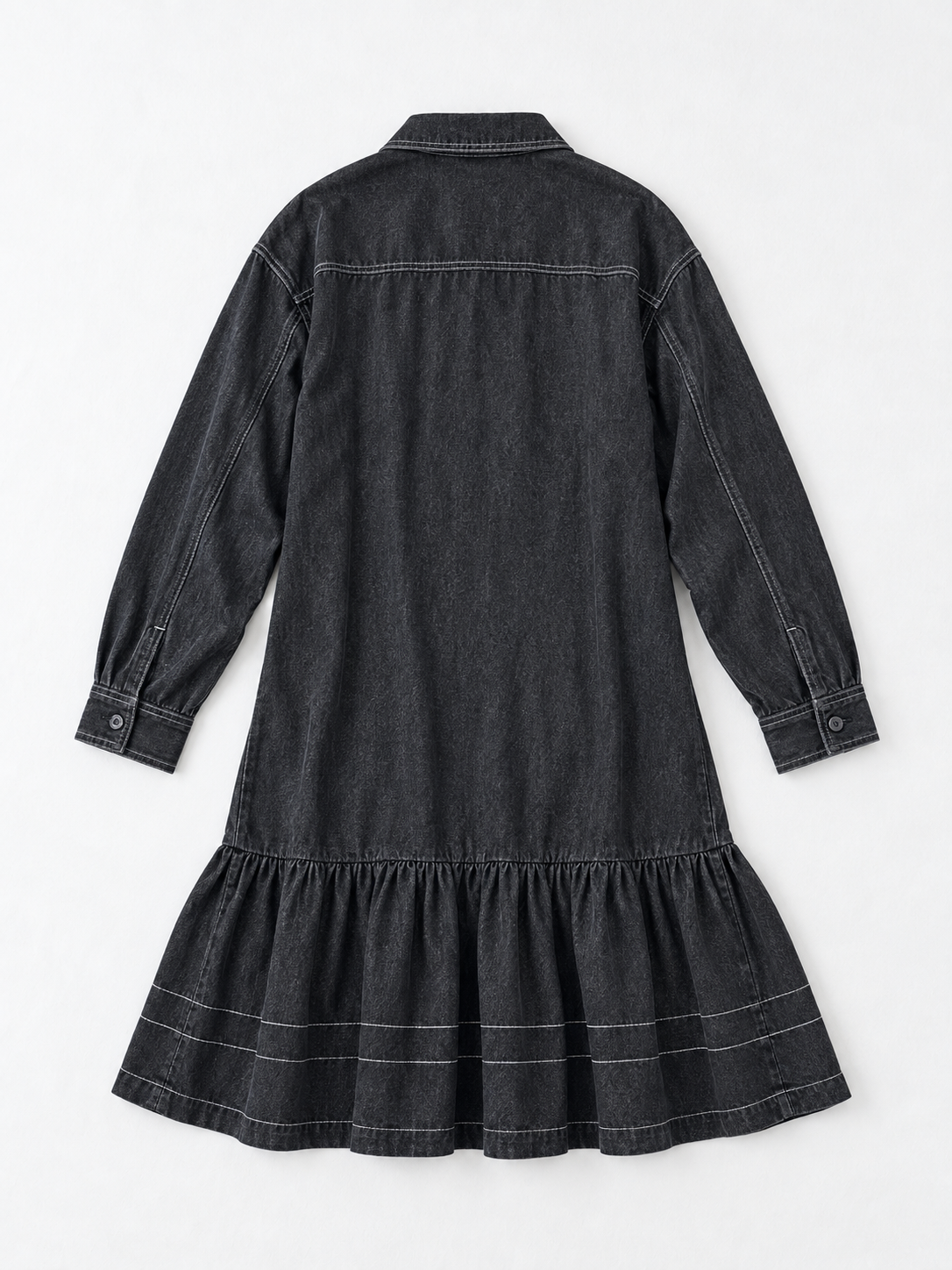 Ruffle-Hem Denim Long Coat