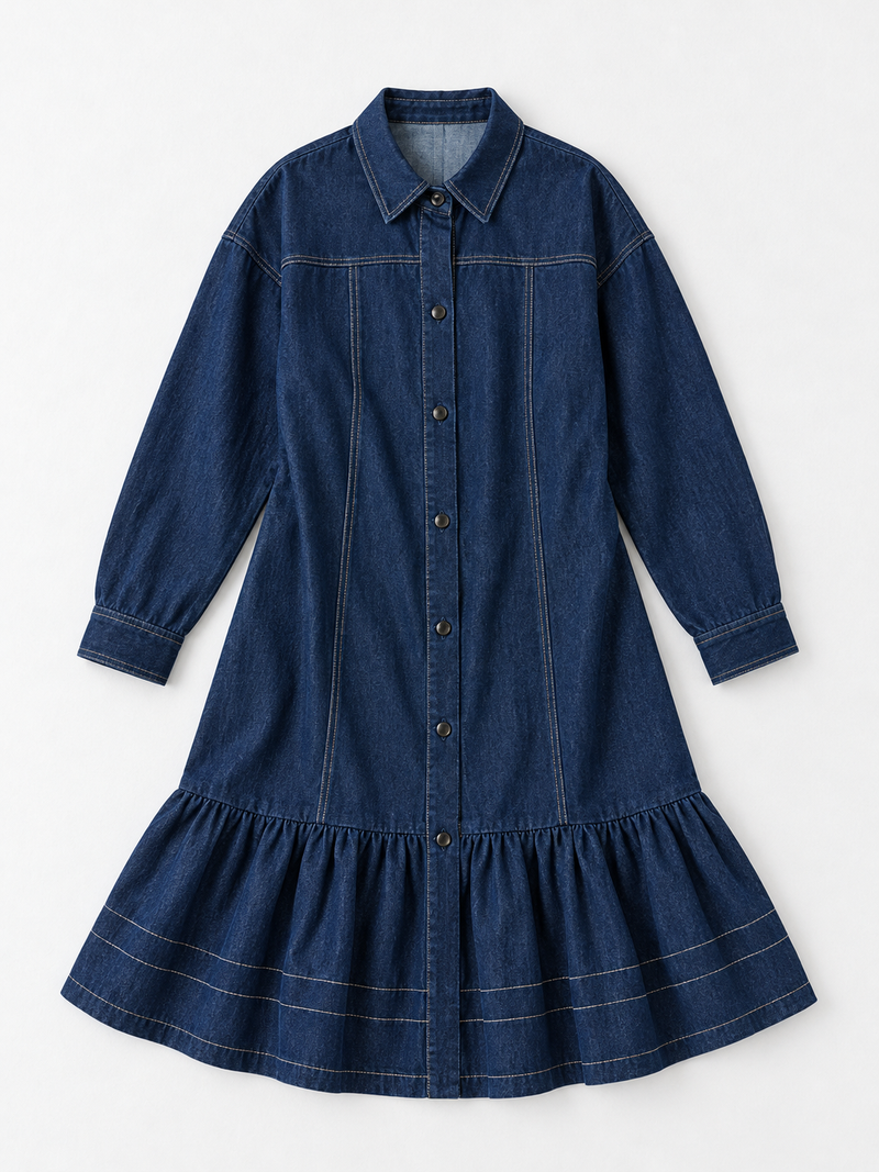 Ruffle-Hem Denim Long Coat