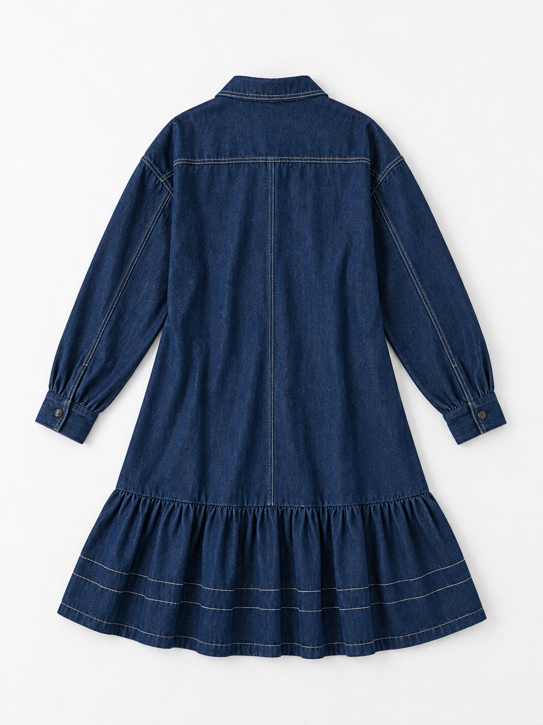 Ruffle-Hem Denim Long Coat
