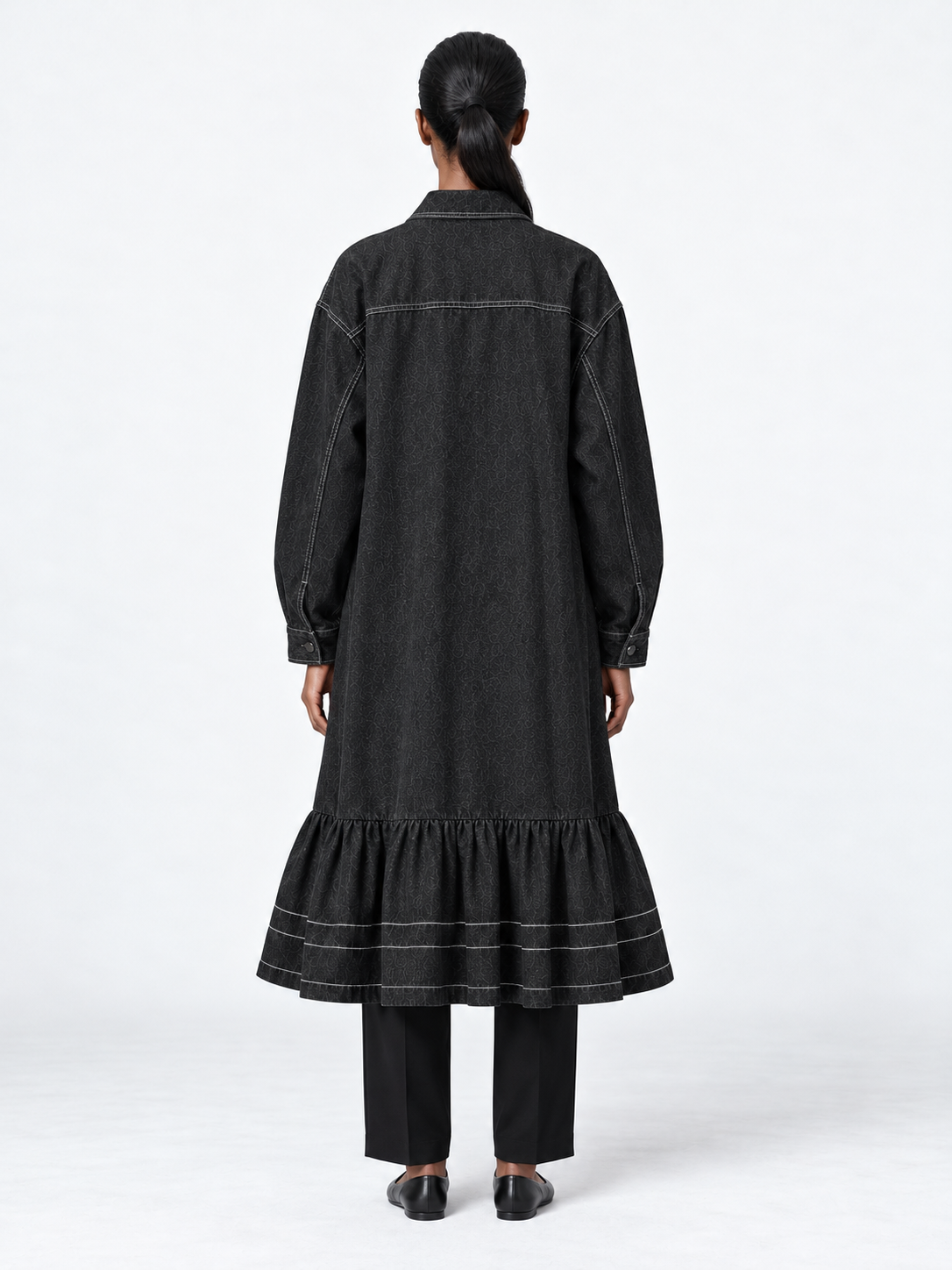 Ruffle-Hem Denim Long Coat