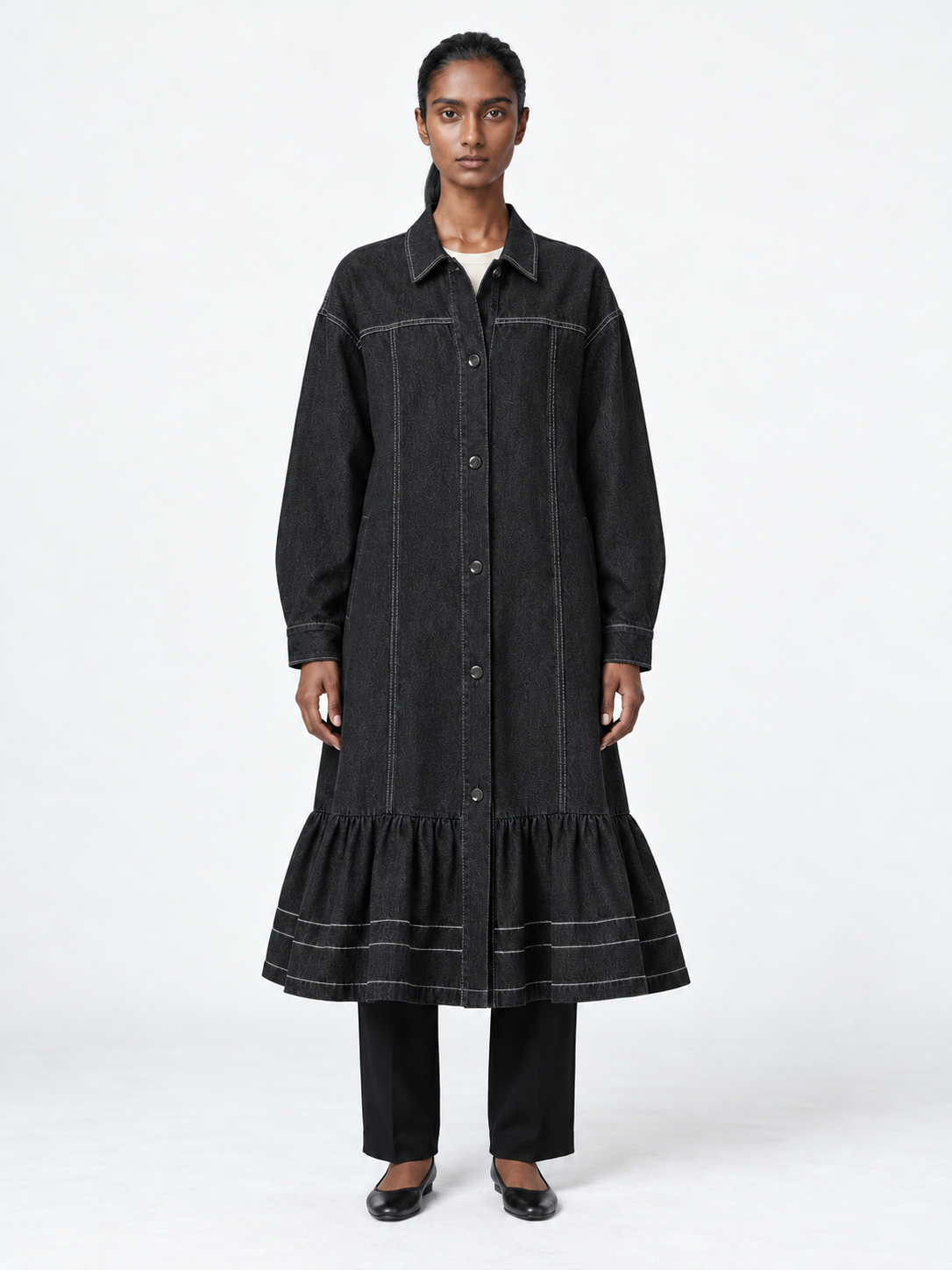 Ruffle-Hem Denim Long Coat