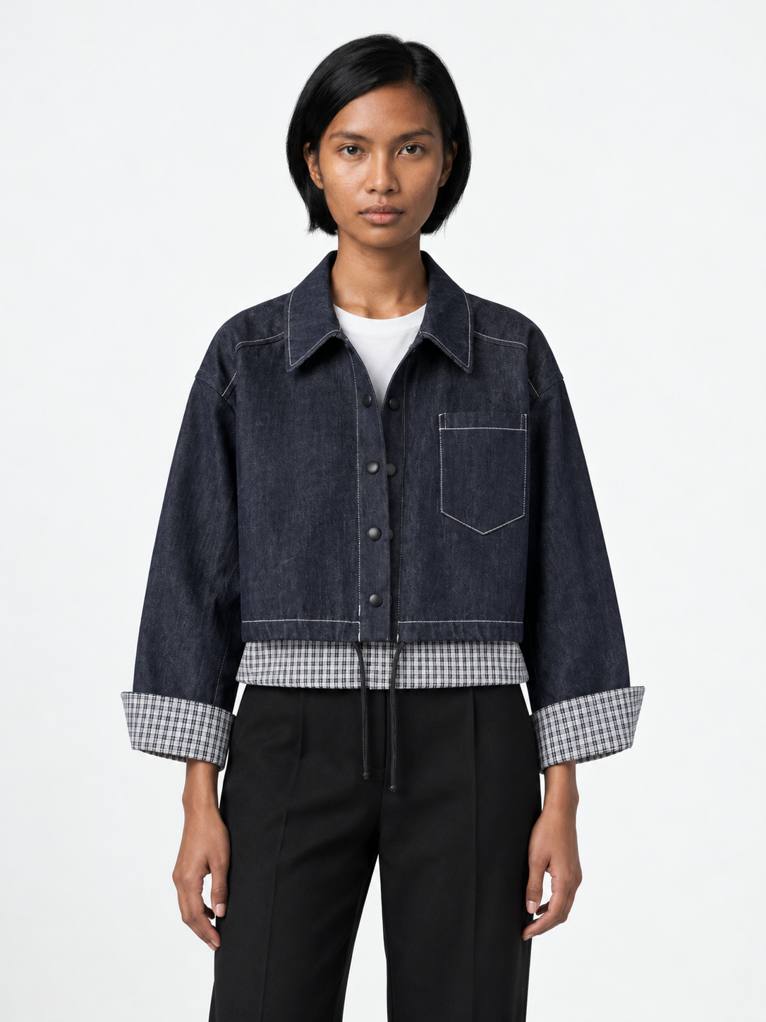 Gingham-Trim Denim Jacket