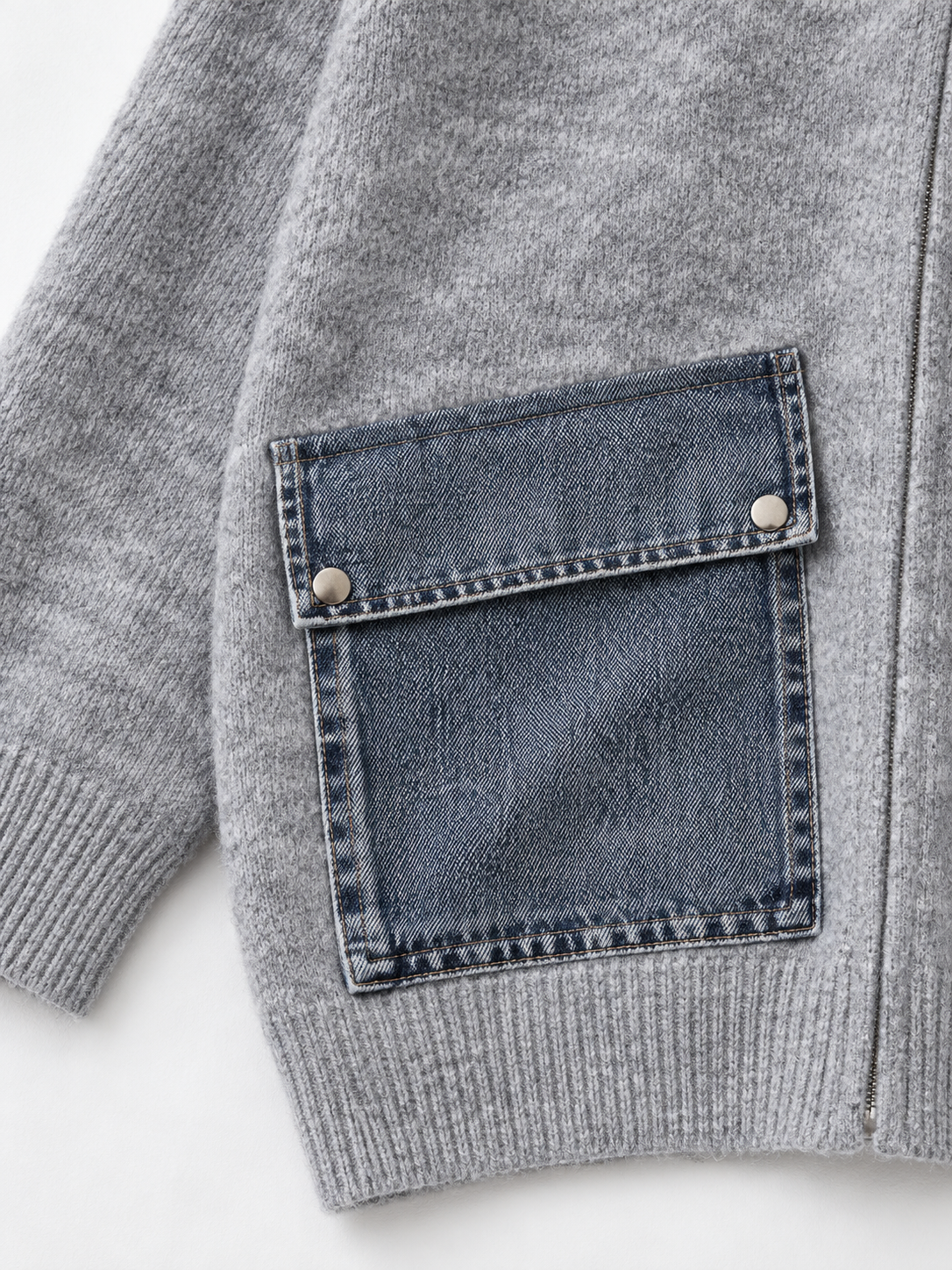 Hooded Denim-Pocket Knit Jacket