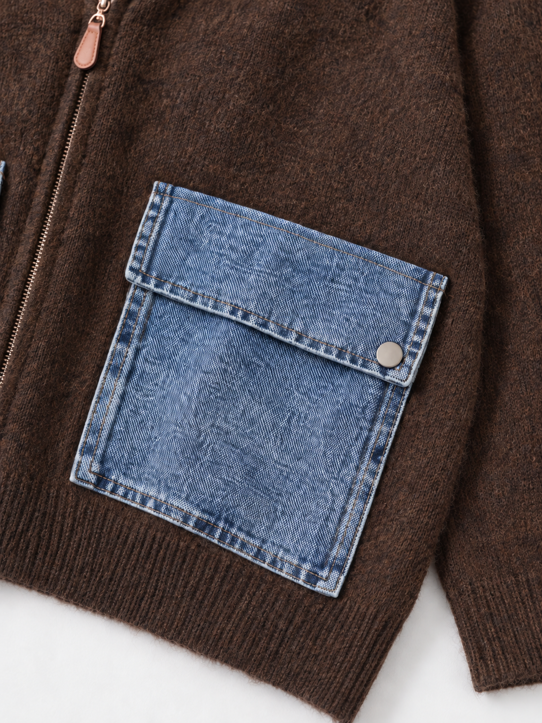 Hooded Denim-Pocket Knit Jacket