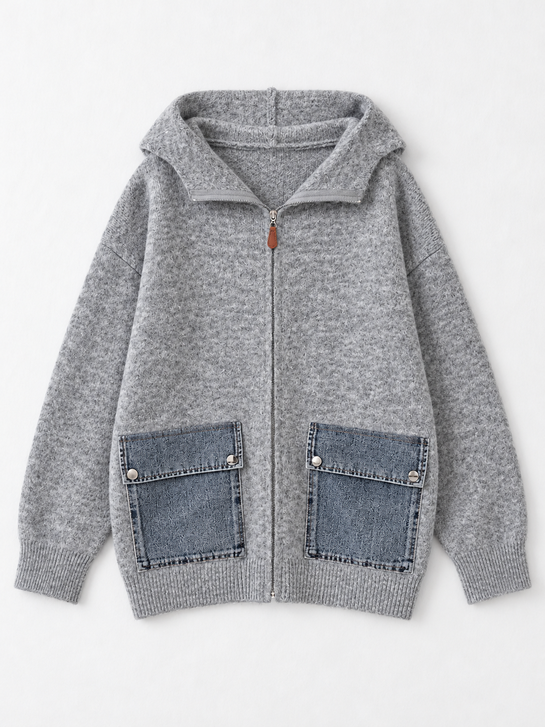 Hooded Denim-Pocket Knit Jacket